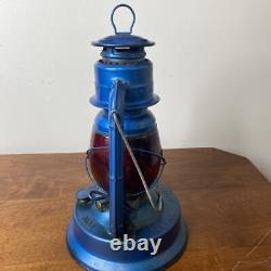 Vintage Dietz Blue Little Wizard Kerosene Lantern Red Glass Globe Antique