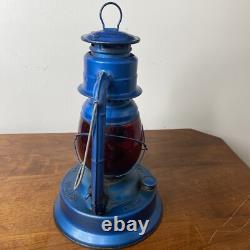 Vintage Dietz Blue Little Wizard Kerosene Lantern Red Glass Globe Antique