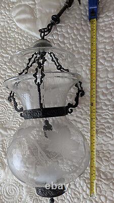 Vintage Etched Grape Leaf Clear Glass Bell Jar Lantern Chandelier Foyer Antique