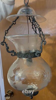 Vintage Etched Grape Leaf Clear Glass Bell Jar Lantern Chandelier Foyer Antique