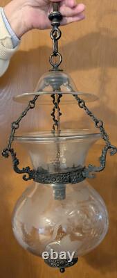 Vintage Etched Grape Leaf Clear Glass Bell Jar Lantern Chandelier Foyer Antique