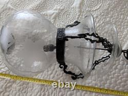 Vintage Etched Grape Leaf Clear Glass Bell Jar Lantern Chandelier Foyer Antique