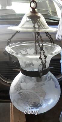 Vintage Etched Grape Leaf Clear Glass Bell Jar Lantern Chandelier Foyer Antique