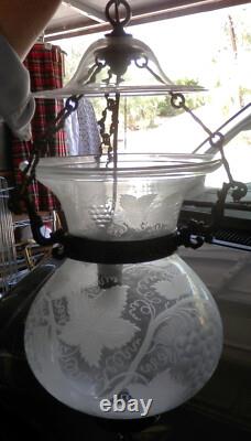 Vintage Etched Grape Leaf Clear Glass Bell Jar Lantern Chandelier Foyer Antique
