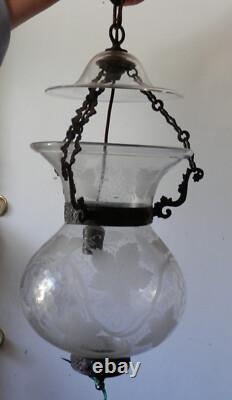 Vintage Etched Grape Leaf Clear Glass Bell Jar Lantern Chandelier Foyer Antique
