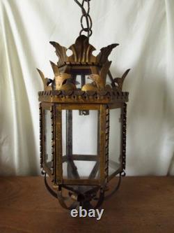Vintage European Rustic Bronzed Metal Toleware Glass Ceiling Lantern Light