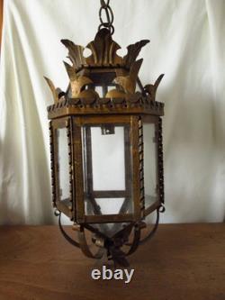Vintage European Rustic Bronzed Metal Toleware Glass Ceiling Lantern Light