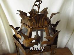 Vintage European Rustic Bronzed Metal Toleware Glass Ceiling Lantern Light