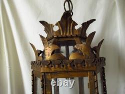 Vintage European Rustic Bronzed Metal Toleware Glass Ceiling Lantern Light