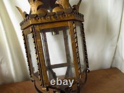 Vintage European Rustic Bronzed Metal Toleware Glass Ceiling Lantern Light