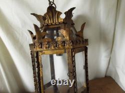 Vintage European Rustic Bronzed Metal Toleware Glass Ceiling Lantern Light