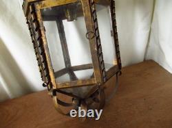 Vintage European Rustic Bronzed Metal Toleware Glass Ceiling Lantern Light