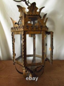 Vintage European Rustic Bronzed Metal Toleware Glass Ceiling Lantern Light