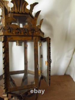 Vintage European Rustic Bronzed Metal Toleware Glass Ceiling Lantern Light