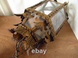 Vintage European Rustic Bronzed Metal Toleware Glass Ceiling Lantern Light
