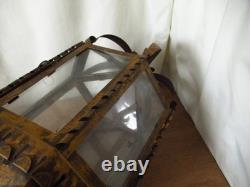 Vintage European Rustic Bronzed Metal Toleware Glass Ceiling Lantern Light