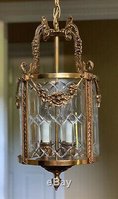 Vintage French Bronze Brass Lantern Chandelier Hall Ceiling Fixture 4 Lamp Foyer