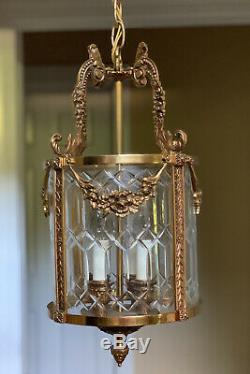 Vintage French Bronze Brass Lantern Chandelier Hall Ceiling Fixture 4 Lamp Foyer