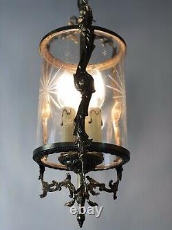 Vintage French Gilt Bronze Three Light Hall Lantern Pendant