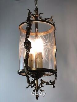 Vintage French Gilt Bronze Three Light Hall Lantern Pendant