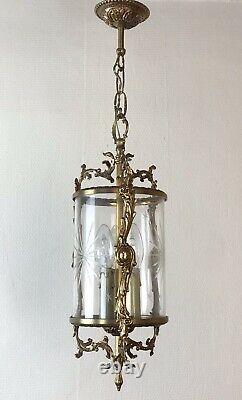 Vintage French Gilt Bronze Three Light Hall Lantern Pendant