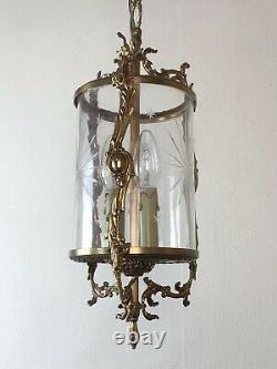 Vintage French Gilt Bronze Three Light Hall Lantern Pendant