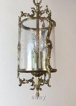 Vintage French Gilt Bronze Three Light Hall Lantern Pendant