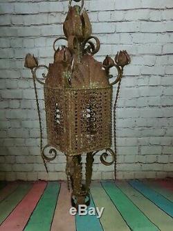 Vintage French Ornate Arts Crafts Gothic Wrought Iron Hanging Lantern Light Lamp