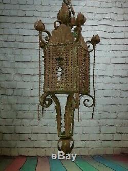 Vintage French Ornate Arts Crafts Gothic Wrought Iron Hanging Lantern Light Lamp