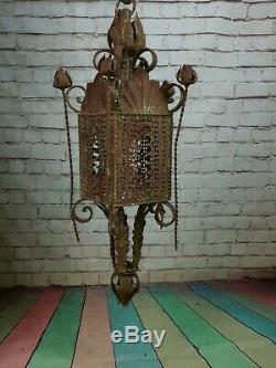 Vintage French Ornate Arts Crafts Gothic Wrought Iron Hanging Lantern Light Lamp