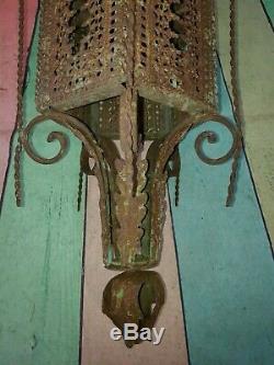 Vintage French Ornate Arts Crafts Gothic Wrought Iron Hanging Lantern Light Lamp