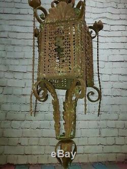 Vintage French Ornate Arts Crafts Gothic Wrought Iron Hanging Lantern Light Lamp