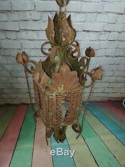 Vintage French Ornate Arts Crafts Gothic Wrought Iron Hanging Lantern Light Lamp