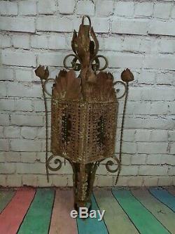 Vintage French Ornate Arts Crafts Gothic Wrought Iron Hanging Lantern Light Lamp