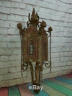 Vintage French Ornate Arts Crafts Gothic Wrought Iron Hanging Lantern Light Lamp