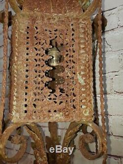 Vintage French Ornate Arts Crafts Gothic Wrought Iron Hanging Lantern Light Lamp