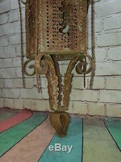 Vintage French Ornate Arts Crafts Gothic Wrought Iron Hanging Lantern Light Lamp