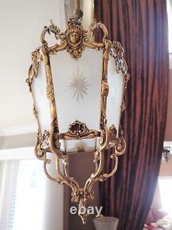 Vintage French Roccoco Brass & Frosted Etched Glass Lantern Pendant Hall Light