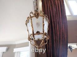 Vintage French Roccoco Brass & Frosted Etched Glass Lantern Pendant Hall Light