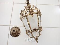 Vintage French Roccoco Brass & Frosted Etched Glass Lantern Pendant Hall Light