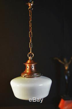 Vintage French art deco antique school house light copper opaline glass lantern