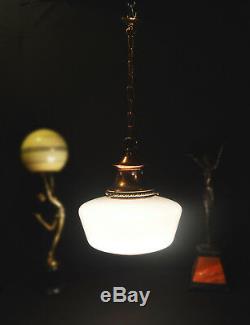 Vintage French art deco antique school house light copper opaline glass lantern