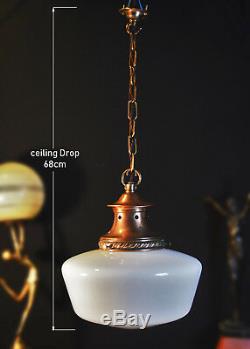 Vintage French art deco antique school house light copper opaline glass lantern