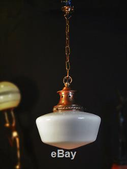 Vintage French art deco antique school house light copper opaline glass lantern