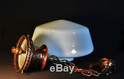 Vintage French art deco antique school house light copper opaline glass lantern