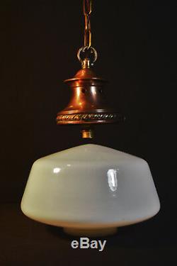Vintage French art deco antique school house light copper opaline glass lantern