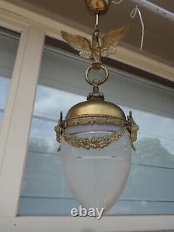Vintage French brass EAgle crystal glass acorn shade lantern lamp chandelier ram