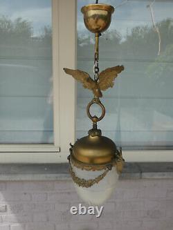 Vintage French brass EAgle crystal glass acorn shade lantern lamp chandelier ram