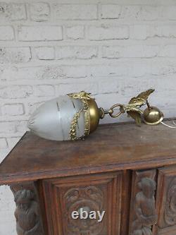 Vintage French brass EAgle crystal glass acorn shade lantern lamp chandelier ram