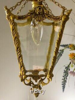 Vintage French decorative solid gilt brass & glass chandelier lantern light